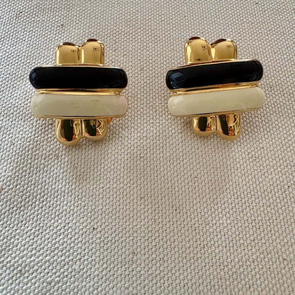 Vintage Signed Monet Gold Toned, Black, and Cream Cross Hatch Clip on Earrings